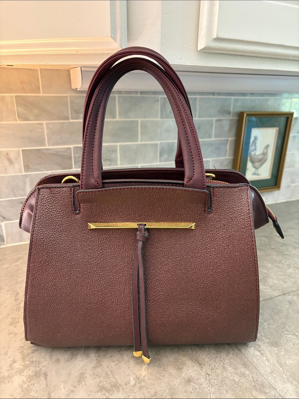 burgundy Adrienne Vittadini bag a sleek gold-tone metal bar detail on the front